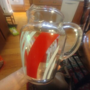 Circa 1980&#39;s 9&quot; Clear Glass Beverage Pitcher, With Ice Lip.  Red and White Arcing Stripes. Undamaged and Ready for Your Lemonade! INV#1386