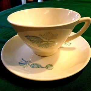 Mid-Century Marcrest Blue Pine Cone Pottery 2-1/2" Cup and 6" Saucer. Undamaged