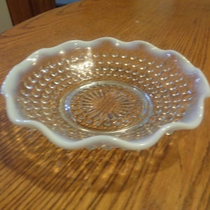Circa 1940's Round 5-7/8" Crimped Bowl in Moonstone Clear/White Opalescent by ANCHOR HOCKING. Super Undamaged Condition. INV#0837