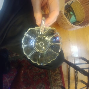 Circa 1938-40 Anchor Hocking Oyster & Pearl 5-1/8&quot; Clear Heart-Shaped Handled Bowl. Nice Undamaged Condition and No Cloudiness. INV#1272