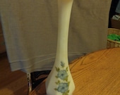 Fenton Satin 11-3 8 quot Bud Vase, Blue Flowers, Olive Green Leaves. Hand Painted and Signed By Tammy Watson. Great Undamaged Condition INV 0193