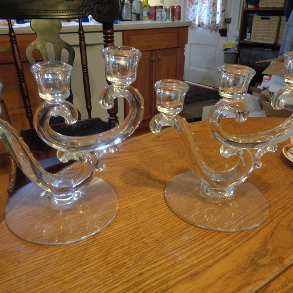 Pair, Circa 1950-82 Fostoria Century 7-3/4" Triple Candleholders. Sparkling Clear and Undamaged. Elegant! INV#0983