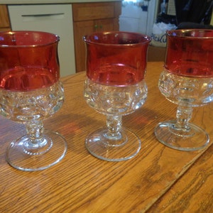 3 Mid-Century Tiffin-Franciscan Kings Crown Ruby Red Glass Goblets 5 3/4&quot; tall. Undamaged Condition, Great Red Flashing. INV#0722