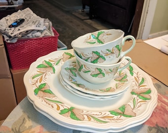 Puede incluir: Un juego de tazas de té y platillos blancos con un patrón floral verde y marrón. Las tazas y los platillos están apilados en un plato de cena blanco con el mismo patrón floral.