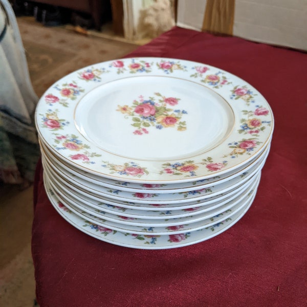 Eight (8) Sakura 6-5/8" Dessert Plates, Pink Roses, Yellow Flowers. Great Condition! Undamaged, No Use Marks. Gold Verge, Edge Trim INV#0821