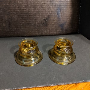 Pair, Circa 1930&#39;s Single Light Madrid Amber 2-1/4&quot; Candlesticks by FEDERAL GLASS. Undamaged. Not 1976 Re-Isses. INV#1336