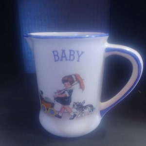 Early 20th Century Child Infant Pitcher, Girl, with Baby Buggy and Kitten.  Czechoslovakian Ceramic Transferware Import. INV#1004
