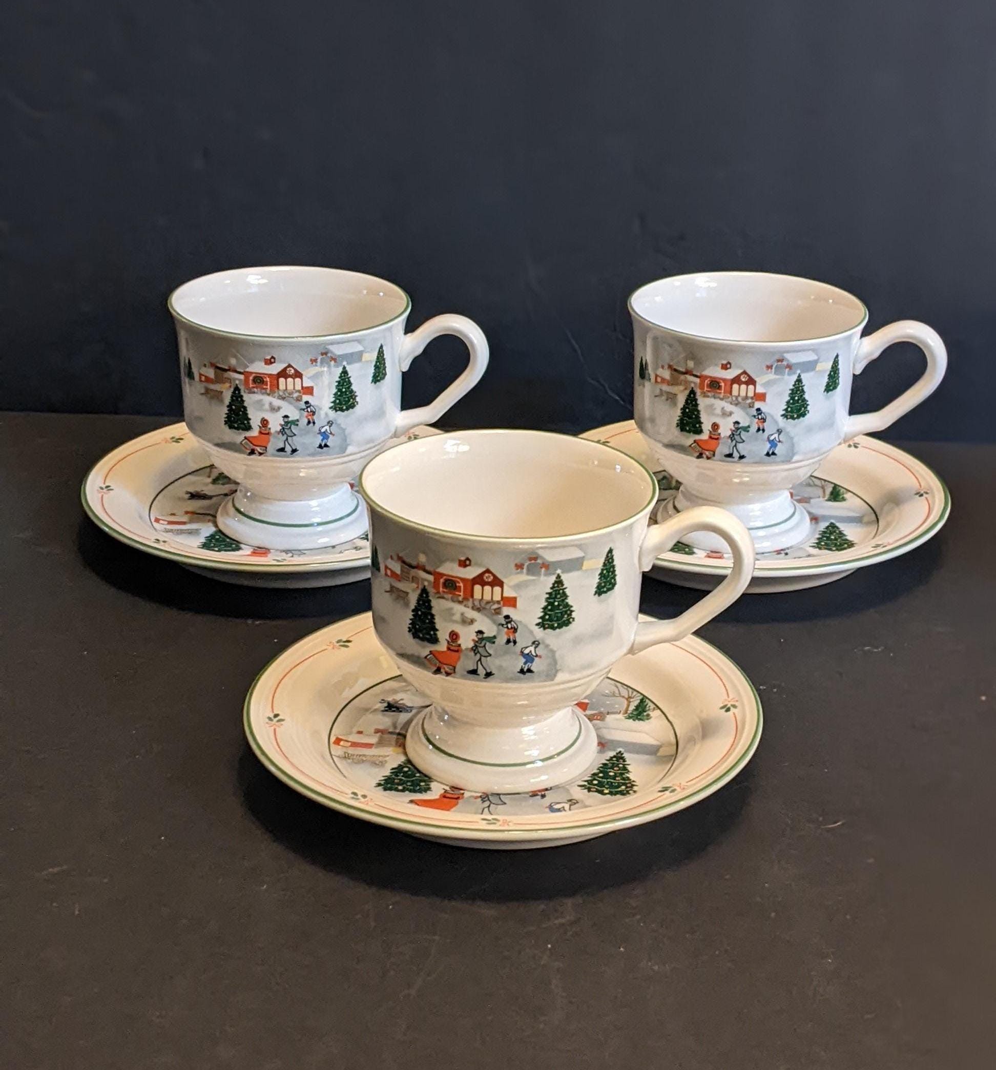 SANGO tea cup 3点とお皿6枚あわせて9点セット Three Sets Circa 80's Sango Silent Night 3900 Vintage Holiday 3-3