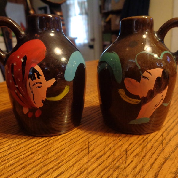 Vintage Japan Hand Painted Finger 3" Jug Salt & Peppers. "Old Firewater" and "Wild Oat Juice." Some loss of Titles Painting. INV#0266