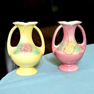 Pair, Early Mid-Century Hull 6" Sunglow Double-Handled Vases, Pink and Yellow. Nice Examples. See Full Description. INV#1632A