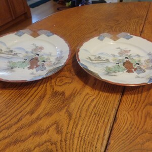Pair, Japanese Mother and Children 8-1/8&quot;  Porcelain Plates, Gold Highlights Applied Over Glaze