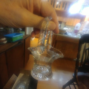 Darling Circa 1930&#39;s Small Glass Handled Basket. 5-1/4&quot; To top of Feathered Handle. Six Horizontal Lines. Undamaged Condition. IONV#1379