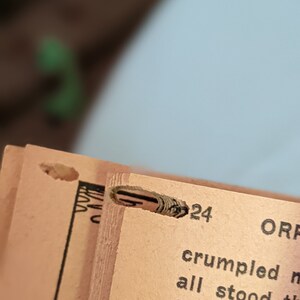 Pode incluir: Close-up de uma p&aacute;gina de um livro com o n&uacute;mero 24 impresso nela. O texto diz "crumpled...all stood...figure of a...which..."