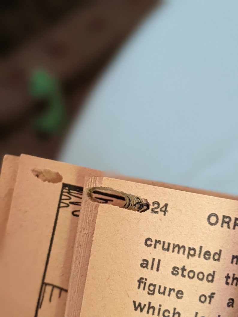Pode incluir: Close-up de uma p&aacute;gina de um livro com o n&uacute;mero 24 impresso nela. O texto diz "crumpled...all stood...figure of a...which..."