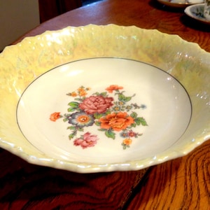 Bavarian 8-1/2" Scalloped Serving Bowl, Multi-Floral Center Design, Irridized Lemon Top Band. Great undamaged Condition.