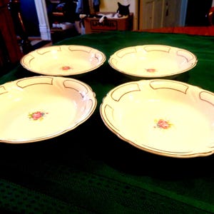 Four Circa 1943 Taylor Smith & Taylor Pattern #1654 7-3/4" Flat Soup Bowls. Pink Roses Gold Panels. Several Listings Of This Rare Pattern