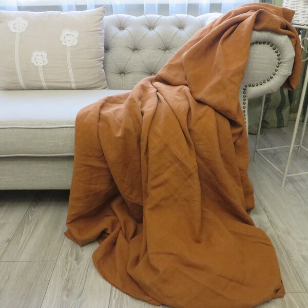 XXXL Throw Blanket Linen 97"x119"coverlet in Cinnamon Linen throw Washed Rough Linen Rustic Cinnamon linen sheet Wedding Gift Linen Gift