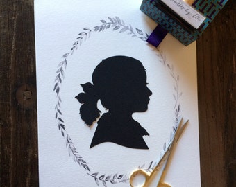 8 by 10 Art Custom Paper Cutouts Silhouette Portrait Art -  Personalized Gift - Custom Portrait /w Wreath Silhouette by Elle