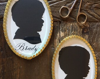 Hand-Cut Silhouette Portrait in Beveled Glass Frame: Copperplate Calligraphy Art