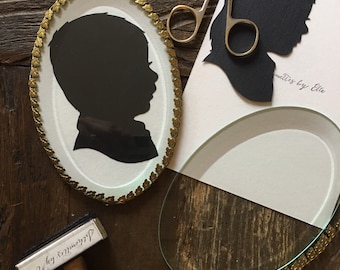 Hand-Cut Silhouette Portrait: Beveled Glass Frame, Copperplate Calligraphy