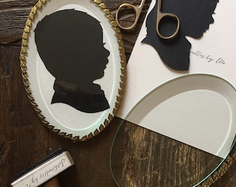 Custom Silhouette Keepsake with oval Beveled Glass  - Hand Cut Custom Profile Silhouette Portrait