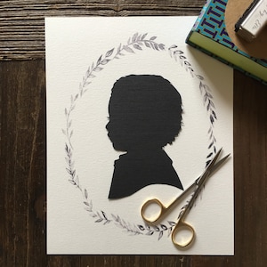 Hand Cut Silhouette Portrait: Custom Fine Art, Wreath Option