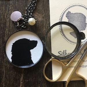 Custom Silhouette Necklace – Hand Cut Portrait in Antique Brass Glass Locket, Personalized Keepsake Jewelry by Silhouettes by Elle