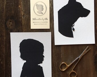 Two Personalized and Custom Hand Cut Silhouette Portrait Art, Child Silhouette Art, Family Heirloom Silhouettes