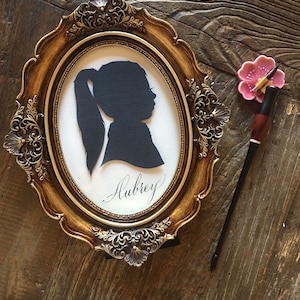 Hand-Cut Silhouette Portrait: Gold Vintage-Style Frame, Personalized Heirloom