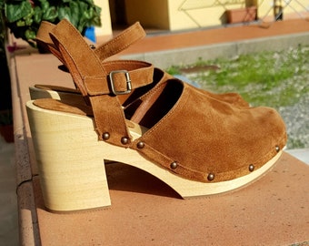 Leather hoof type 'Dutch' - wooden hoof - high heel - women's wooden sandal - clogs - entirely handmade.