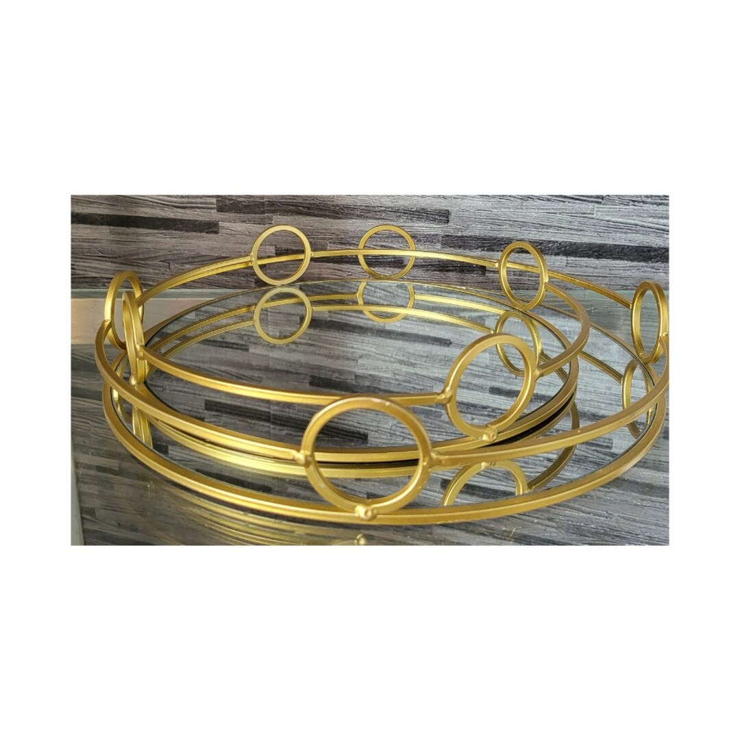 Set of Two Gold Round Mirror Traysgold Glass Traysgold Etsy