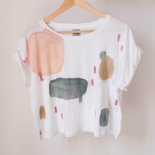 Cropped illustrated t-shirt, organic cotton t-shirt,  earth tones t-shirt, ethically made t-shirt - Earthy Cloud - Crop