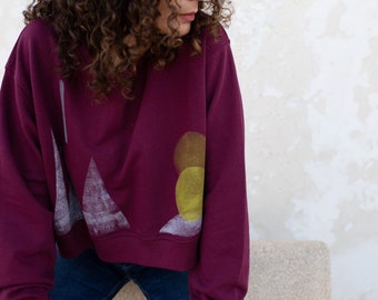 Crop sweatshirt, wine crop sweatshirt, organic cotton sweatshirt, hand painted clothes, abstract crop sweatshirt - Strange Land - wine crop