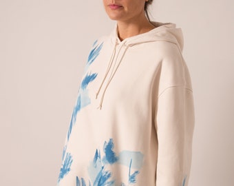 Oversize hoodie, blue and white illustration, organic cotton sweatshirt, abstract print, hand painted sweatshirt - Blue Storm Hood