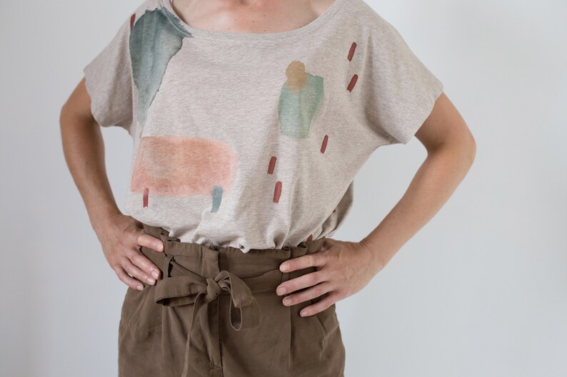 Earthy Cloud Sand color t-shirt / Hand-painted organic cotton loose t-shirt / Abstract print image 6