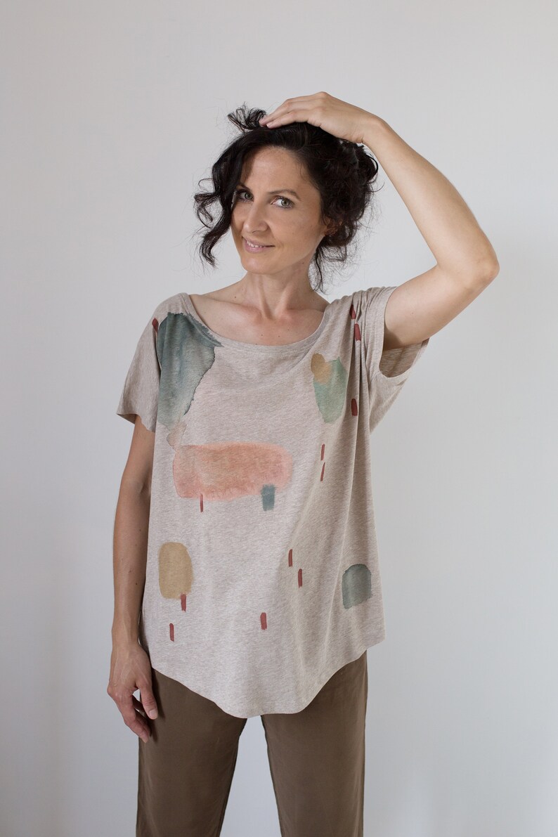 Earthy Cloud Sand color t-shirt / Hand-painted organic cotton loose t-shirt / Abstract print image 2