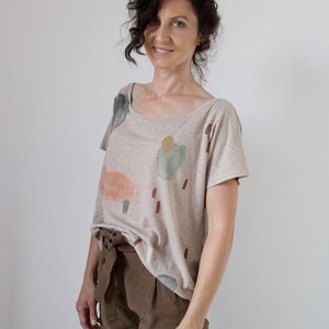 Earthy Cloud - Sand color t-shirt / Hand-painted organic cotton loose t-shirt / Abstract print