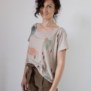 Earthy Cloud Sand color t-shirt / Hand-painted organic cotton loose t-shirt / Abstract print image 1