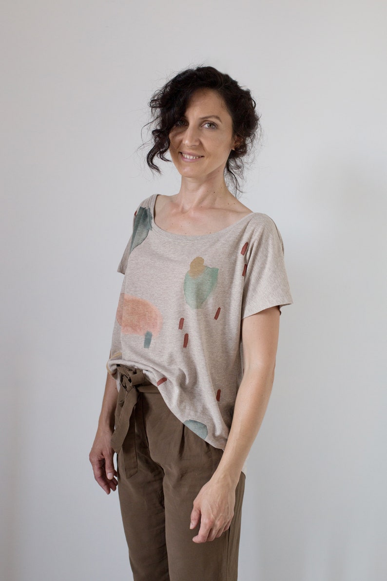 Earthy Cloud Sand color t-shirt / Hand-painted organic cotton loose t-shirt / Abstract print image 1