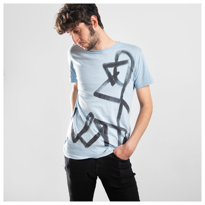 Hand Painted Light Organic Cotton T-Shirt, Urban T-Shirt, Illustration T-Shirt Urban Blue light T-shirt image 3