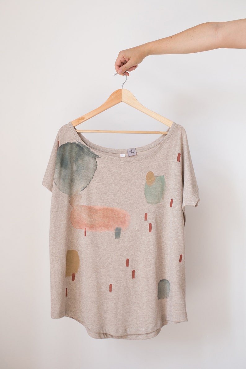 Earthy Cloud Sand color t-shirt / Hand-painted organic cotton loose t-shirt / Abstract print image 4