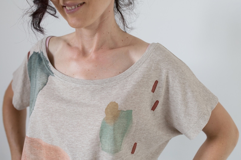Earthy Cloud Sand color t-shirt / Hand-painted organic cotton loose t-shirt / Abstract print image 7