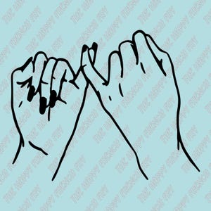 May include: Black line art illustration of two hands making a pinky promise gesture. The hands have black nail polish and are set against a light blue background with the text "THE HAPPY FRENCH FRY" repeated diagonally.