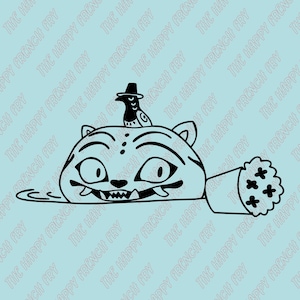 May include: Black and white cartoon illustration of a tiger-like creature with a bird wearing a hat on its head. The tiger has sharp teeth and a paw holding a bouquet of flowers. The background is light blue.