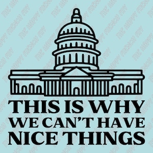 May include: Black line art of a building with a dome, resembling the U.S. Capitol, on a light blue background. The text "THIS IS WHY WE CAN'T HAVE NICE THINGS" is below the building in bold, black letters.