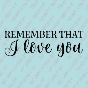 May include: A light blue background with the text "REMEMBER THAT I love you" in black. The words "REMEMBER THAT" are in a bold, sans-serif font, while "I love you" is in a cursive script.