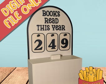 May include: A beige book counter with the text "BOOKS READ THIS YEAR" and the number "249" displayed. The words "DIGITAL FILE ONLY" are in the upper left corner. A cartoon of french fries is in the lower right corner.