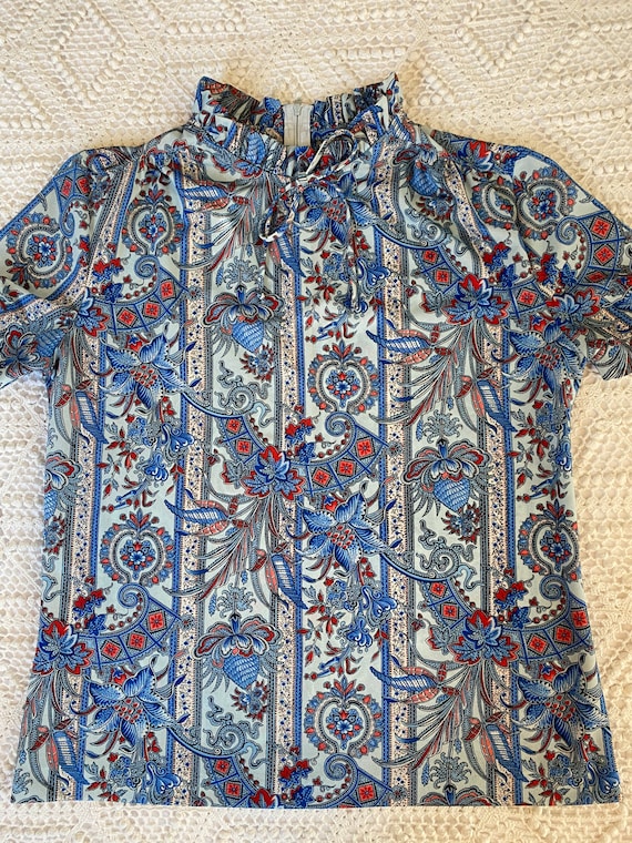 Vintage 80s Shirt Sleeve Blue Polyester Blouse wi… - image 1