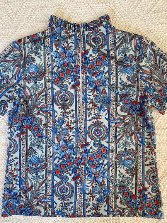 Vintage 80s Shirt Sleeve Blue Polyester Blouse wi… - image 2