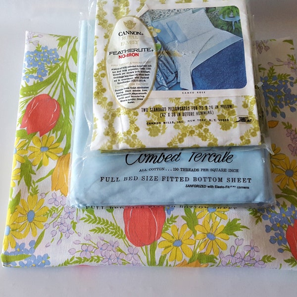 Vintage Remix Sheet Set, Full, Fitted, Flat, Pillowcase, Dan River Floral Print, Cannon Royal Family, NOS